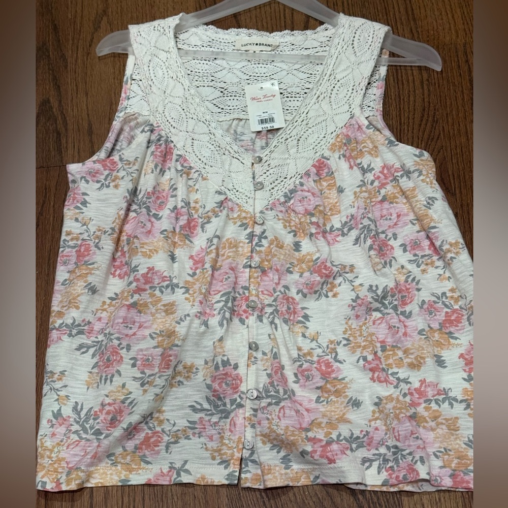 NWT Lucky Brand Crochet-Trim Floral Button-Front Camisole - Pink & Cream - Picture 4 of 7
